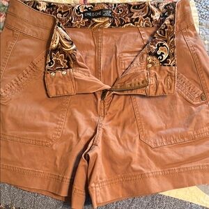 One 5 One Tan Cargo Shorts with Paisley Accents